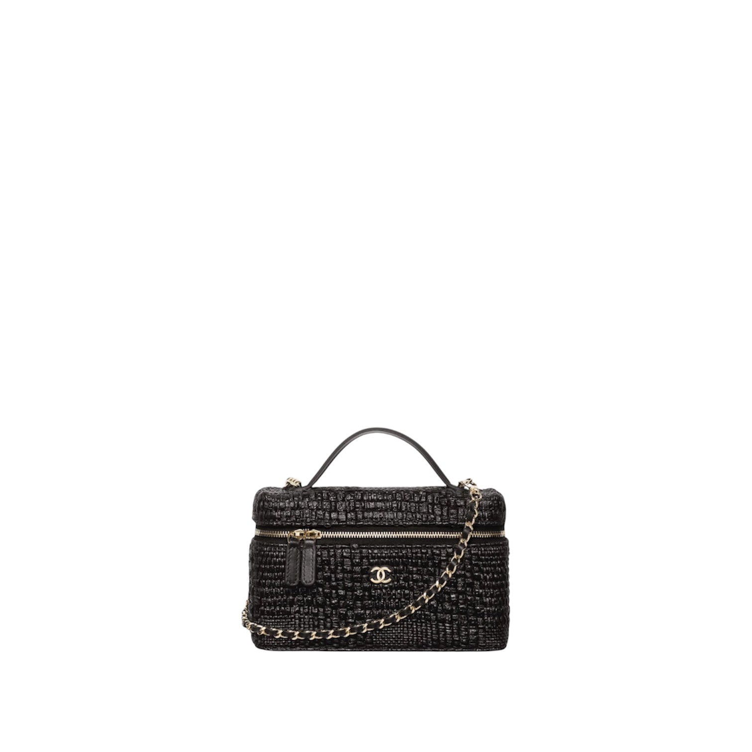 Chanel Classic Vanity Case w/ Chain Black Braided Raffia and Gold
