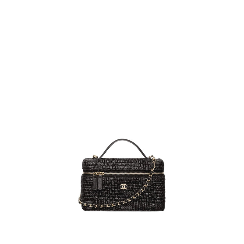 Chanel Classic Vanity Case w/ Chain Black Braided Raffia and Gold