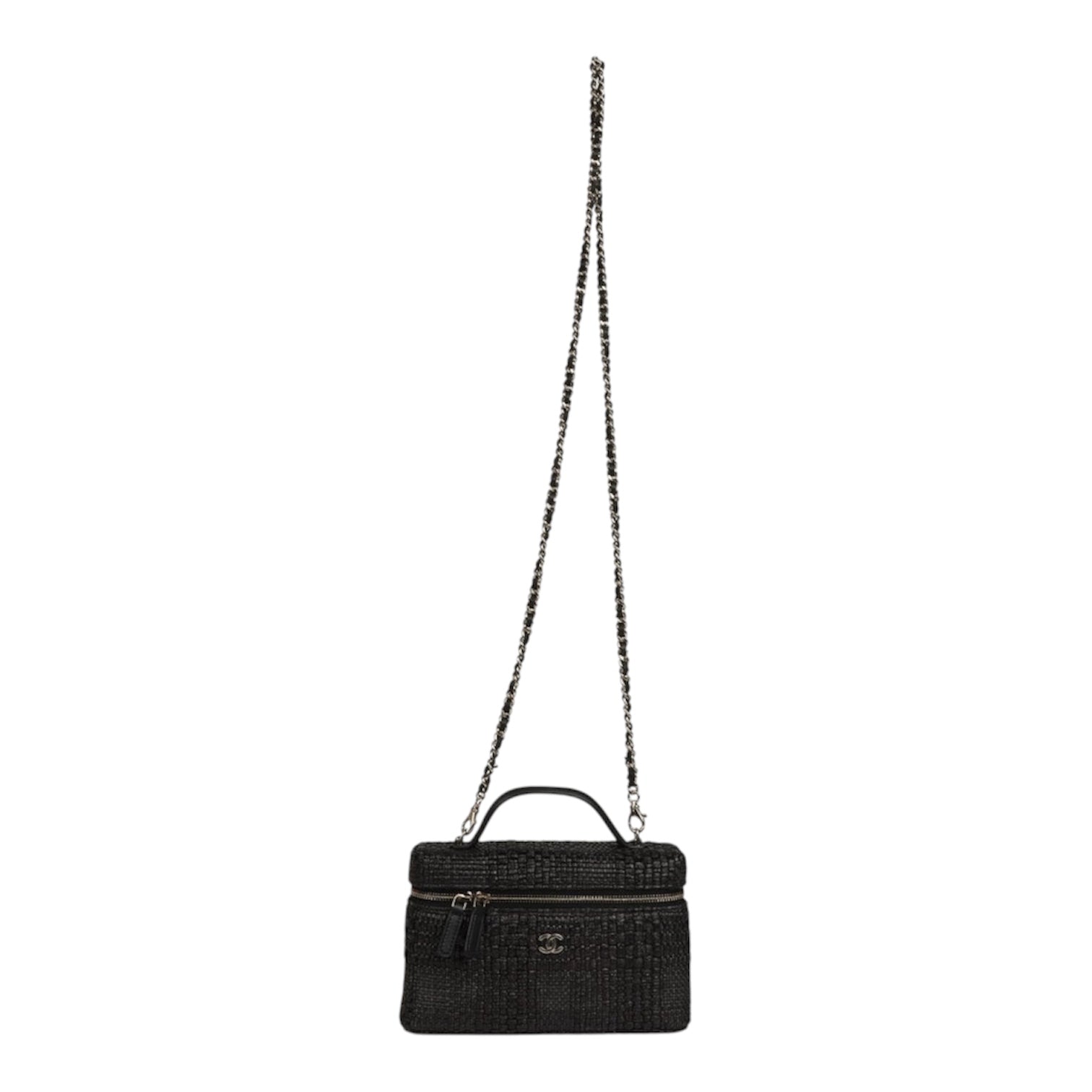 Chanel Classic Vanity Case w/ Chain Black Braided Raffia and Gold