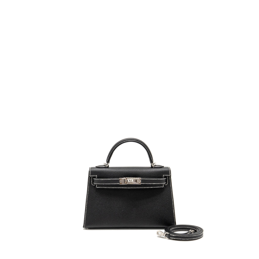 Lorenzia Mini Kelly II Epsom Leather Handbag Black Lime Silver-Tone Hardware