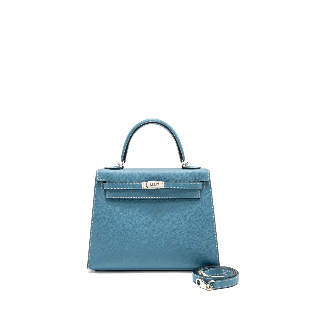 Lorenzia Kelly 25 Epsom Leather Handbag Bleu Jean Silver-Tone Hardware