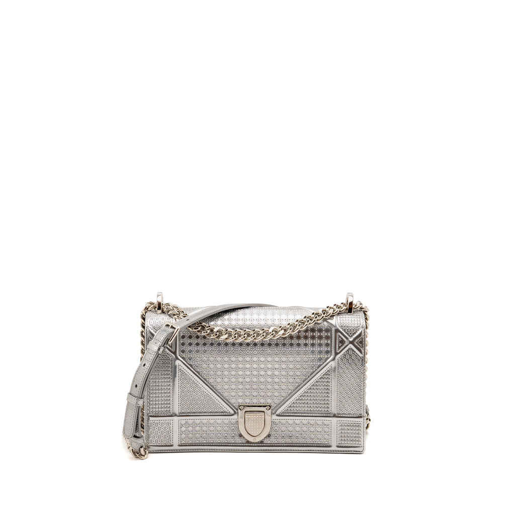 Lorenzia Diorama Flap Bag Patent Micro-Cannage Leather Metallic Silver Silver-Tone Hardware