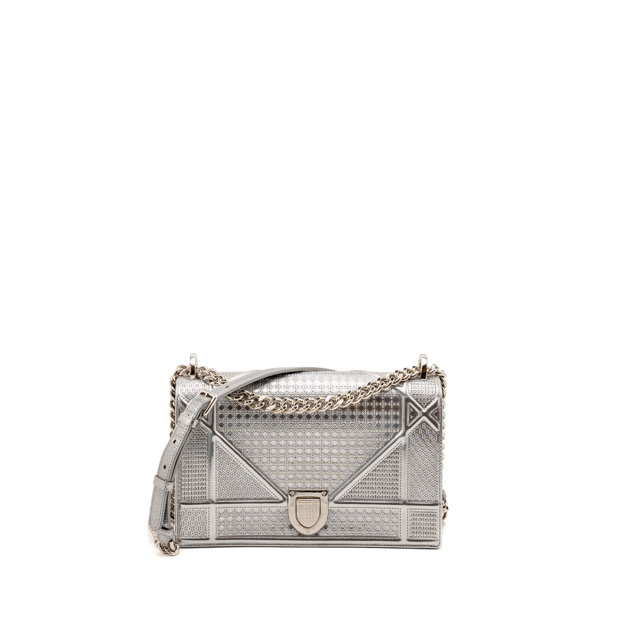 Lorenzia Diorama Flap Bag Patent Micro-Cannage Leather Metallic Silver Silver-Tone Hardware