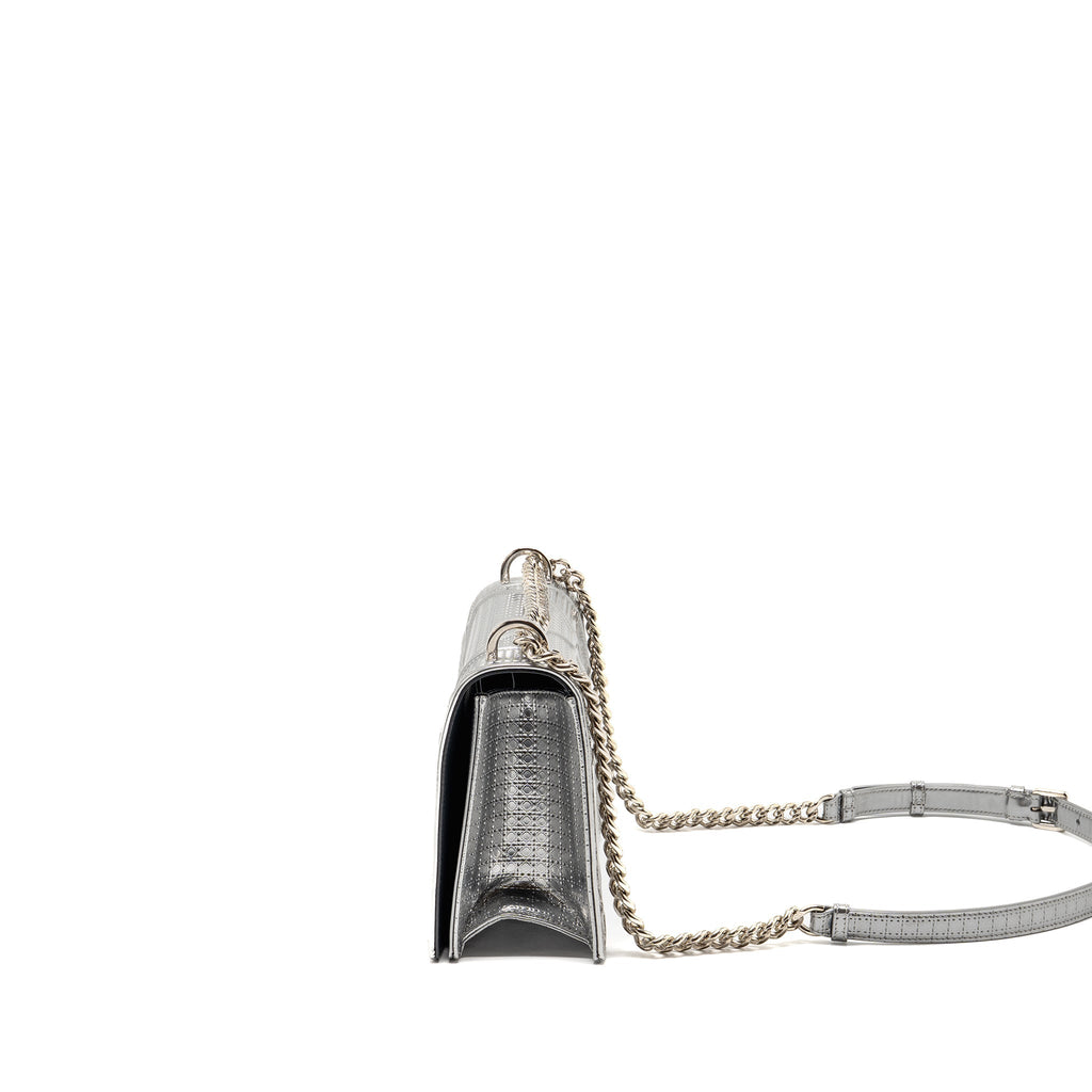 Lorenzia Diorama Flap Bag Patent Micro-Cannage Leather Metallic Silver Silver-Tone Hardware