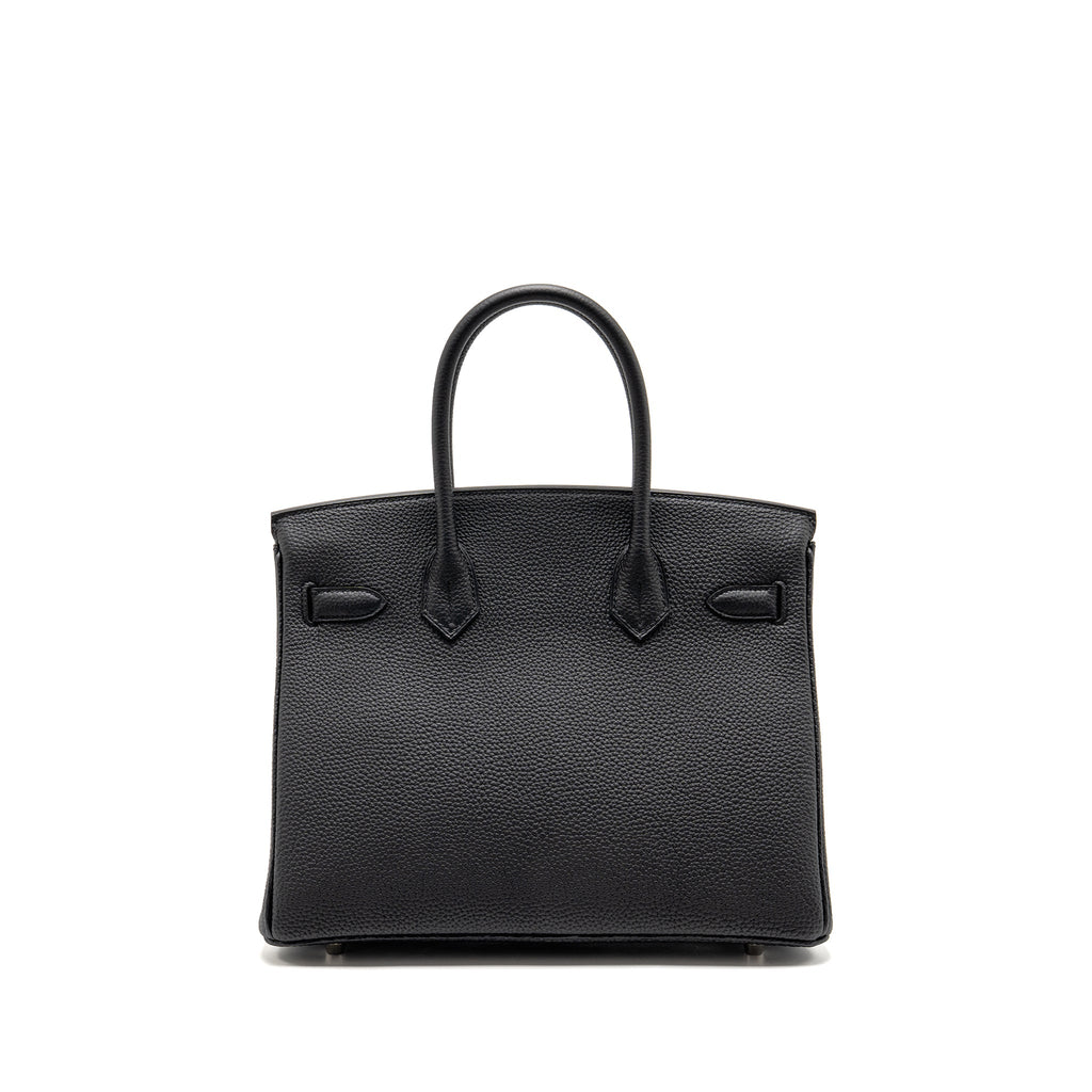 Lorenzia Birkin 30 Togo Leather Handbag Black Brushed Silver-Tone Hardware