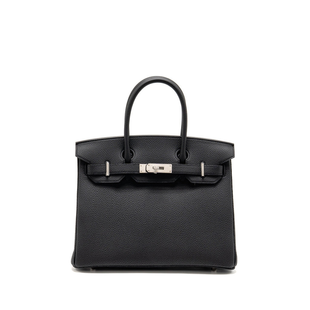 Lorenzia Birkin 30 Togo Leather Handbag Black Brushed Silver-Tone Hardware