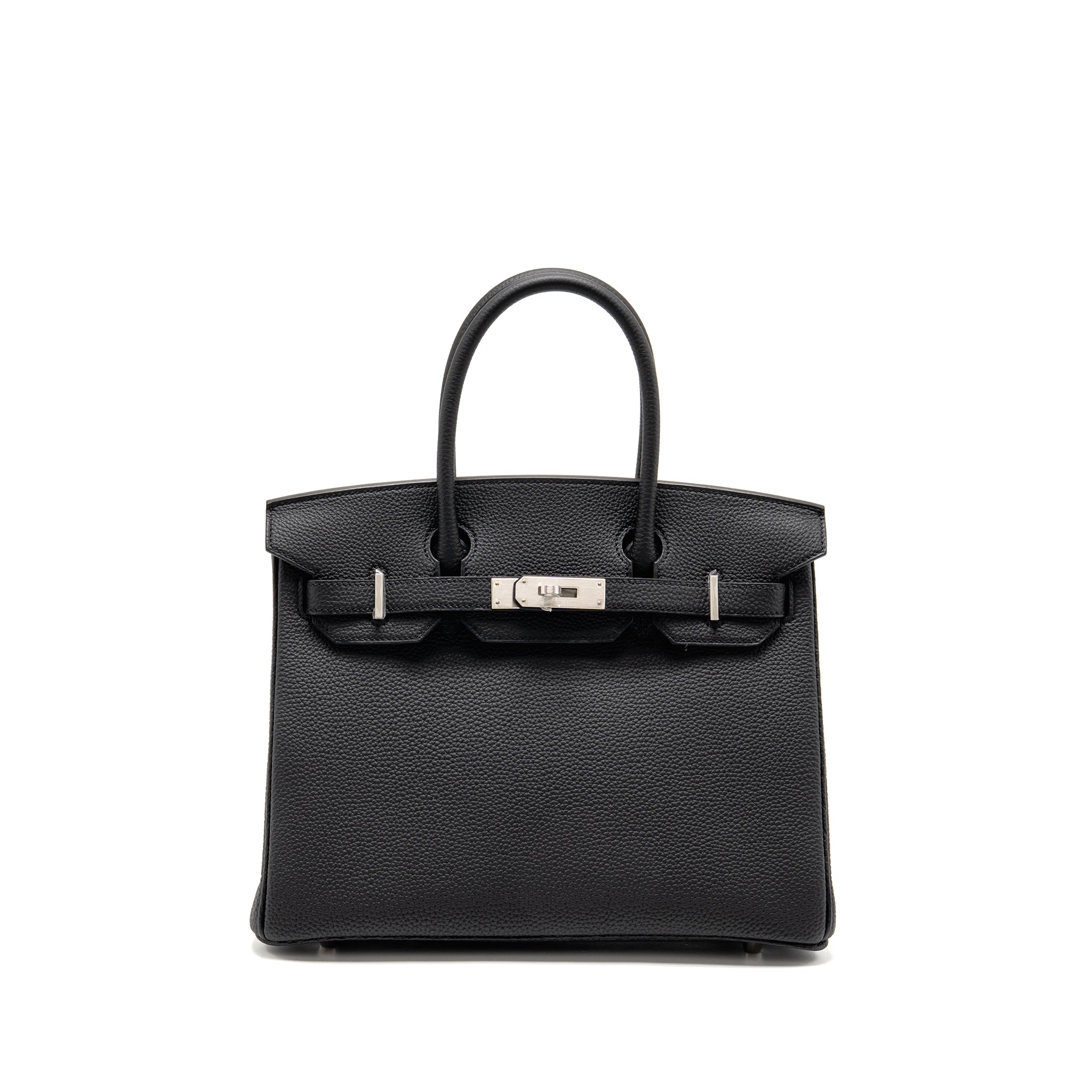 Lorenzia Birkin 30 Togo Leather Handbag Black Brushed Silver-Tone Hardware
