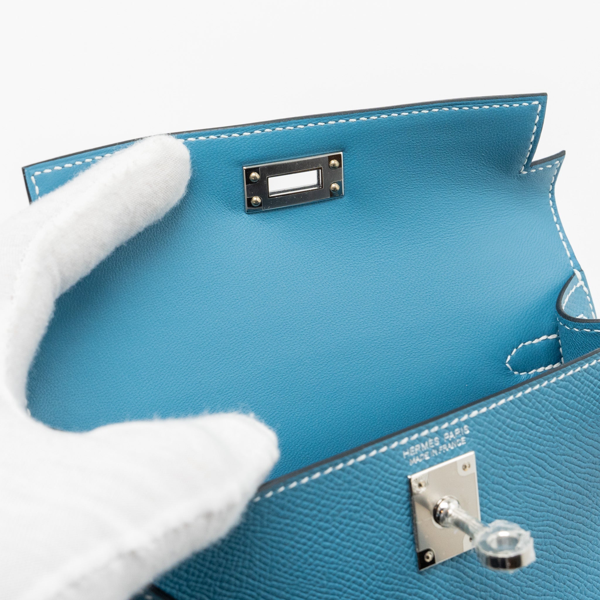 Lorenzia Mini Kelly II Epsom Leather Handbag Blue Jean Silver-Tone Hardware