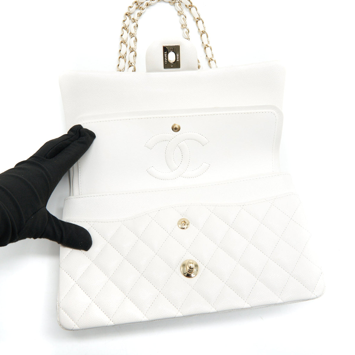 Lorenzia Medium Classic Double Flap Bag Caviar White Light Gold-Tone Hardware