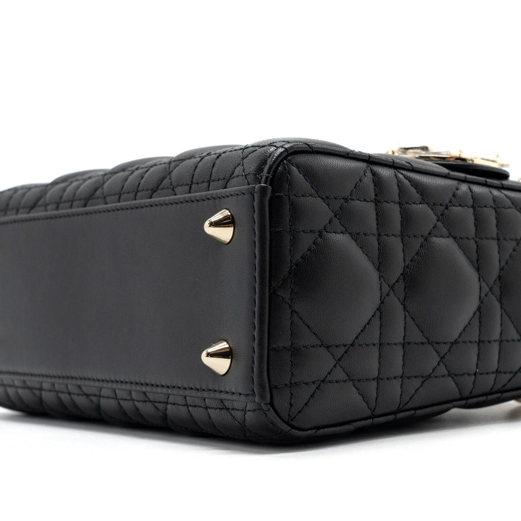 Lorenzia Small Lady Dior Lambskin Handbag Black Light Gold-Tone Hardware