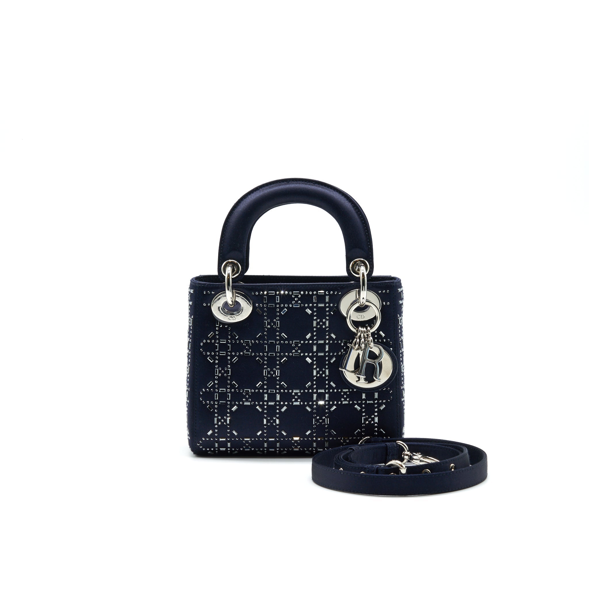 Mini Lady Dior Satin Crystal Cannage Bag Navy Silver-Tone Hardware