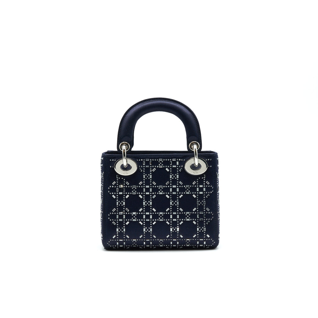 Mini Lady Dior Satin Crystal Cannage Bag Navy Silver-Tone Hardware