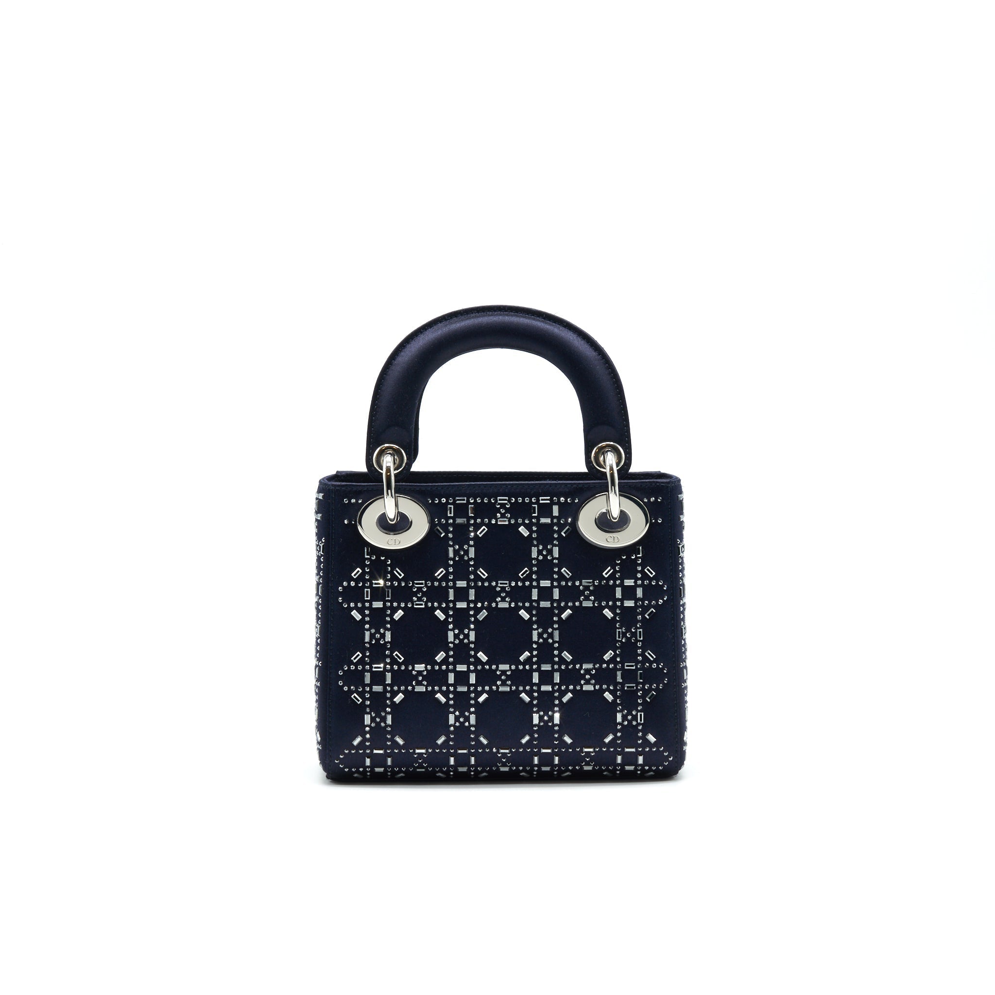 Mini Lady Dior Satin Crystal Cannage Bag Navy Silver-Tone Hardware