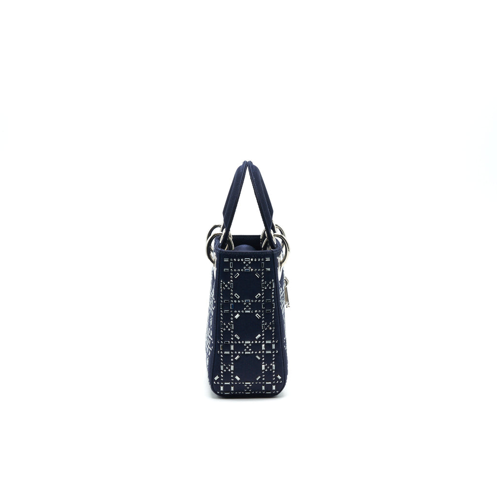 Mini Lady Dior Satin Crystal Cannage Bag Navy Silver-Tone Hardware