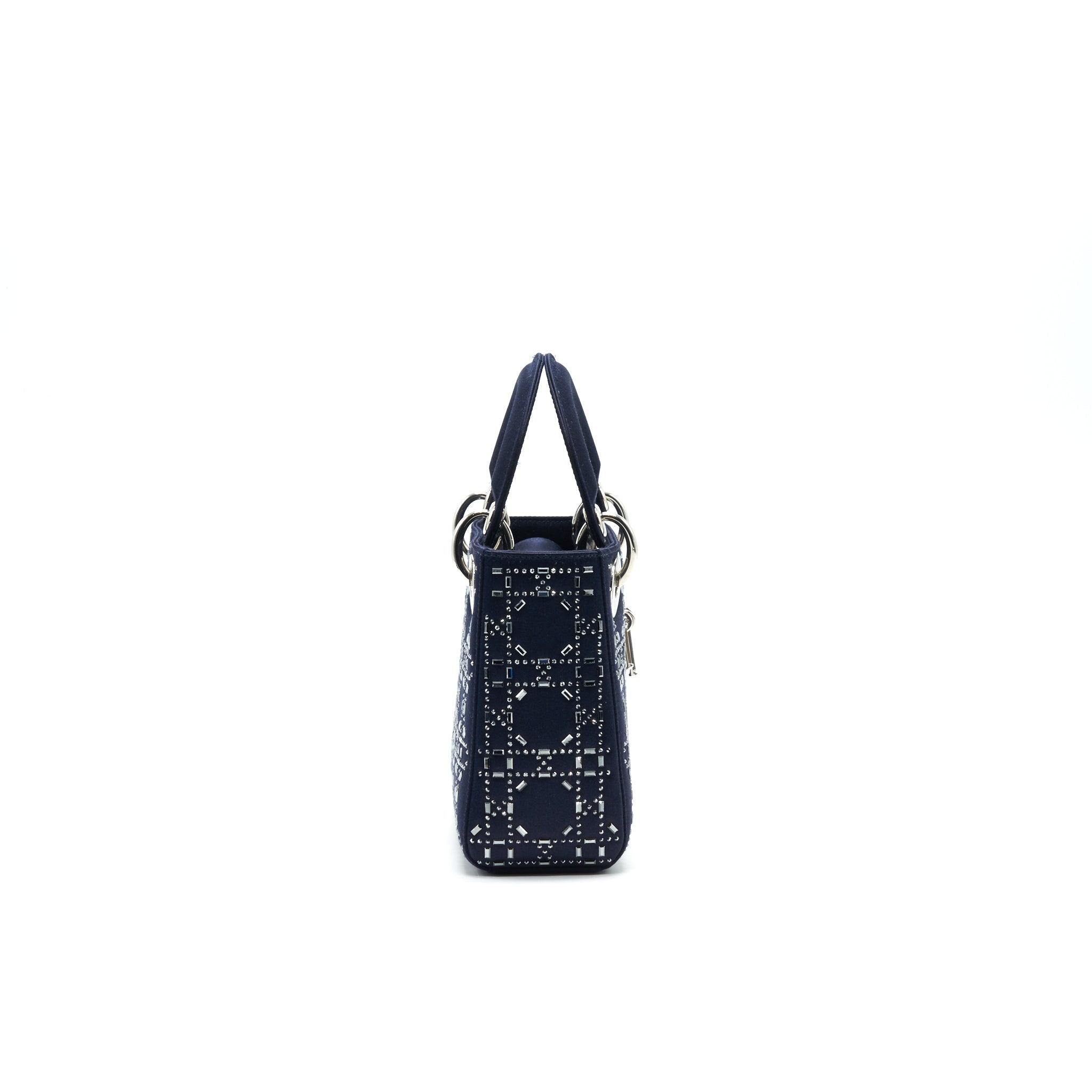Mini Lady Dior Satin Crystal Cannage Bag Navy Silver-Tone Hardware