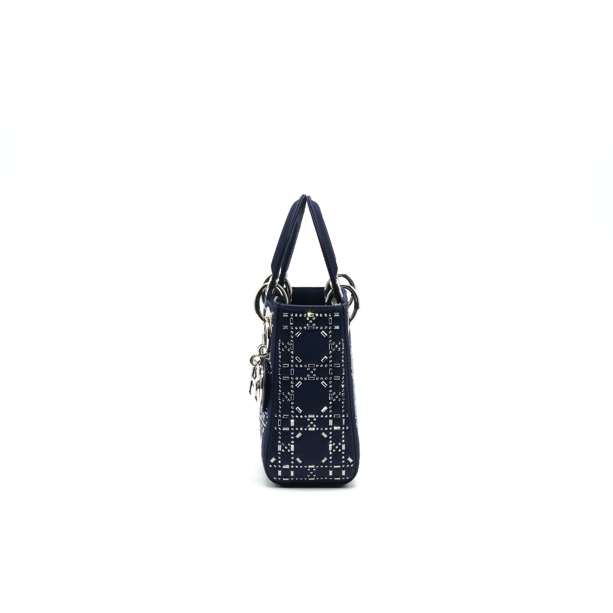Mini Lady Dior Satin Crystal Cannage Bag Navy Silver-Tone Hardware