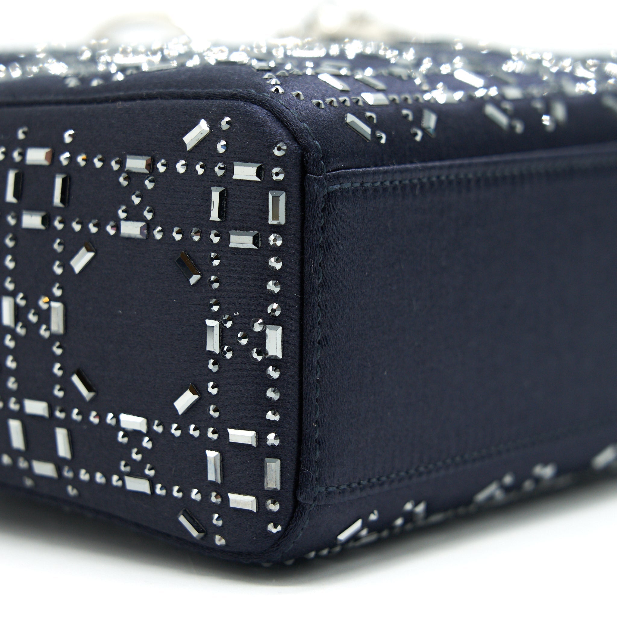 Mini Lady Dior Satin Crystal Cannage Bag Navy Silver-Tone Hardware