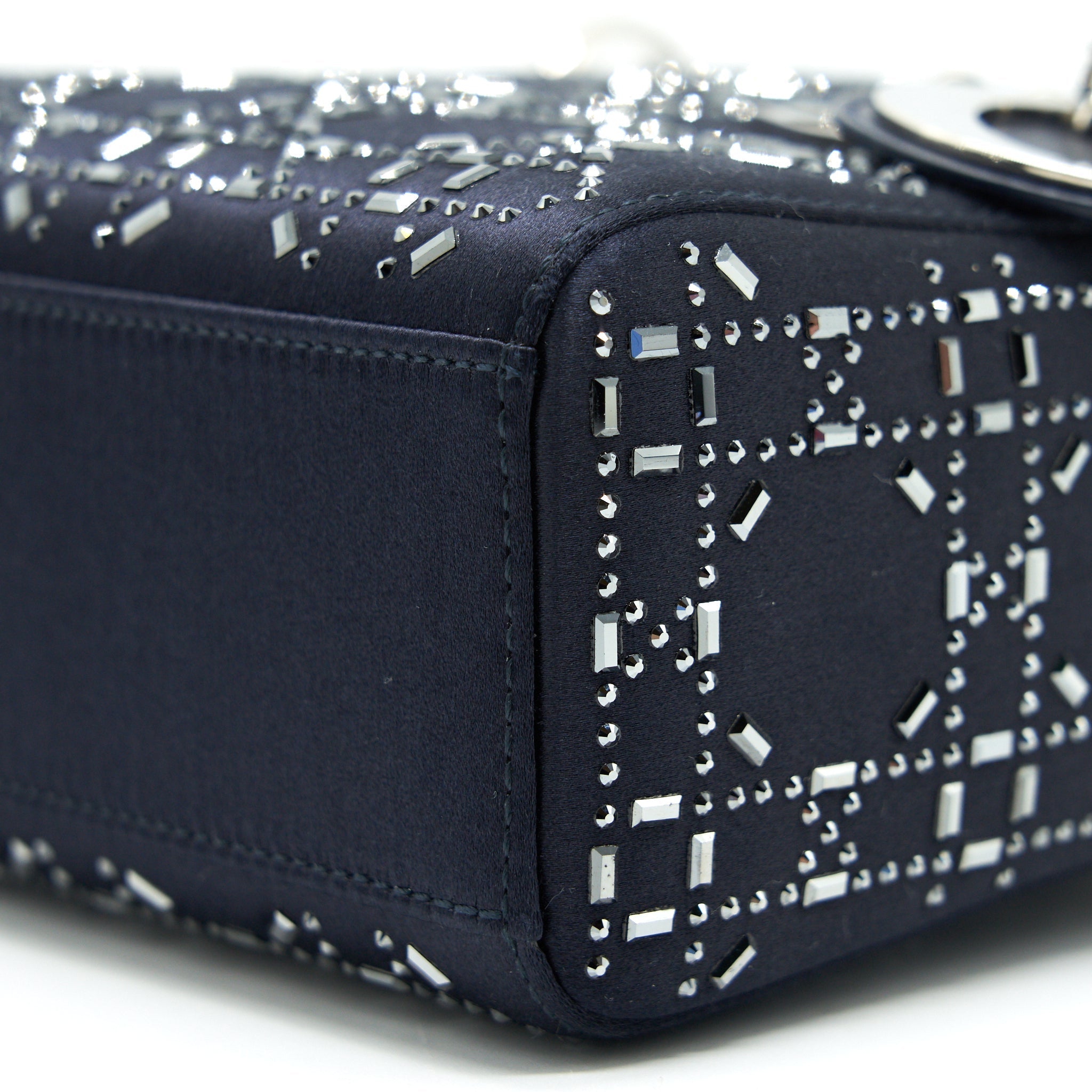 Mini Lady Dior Satin Crystal Cannage Bag Navy Silver-Tone Hardware