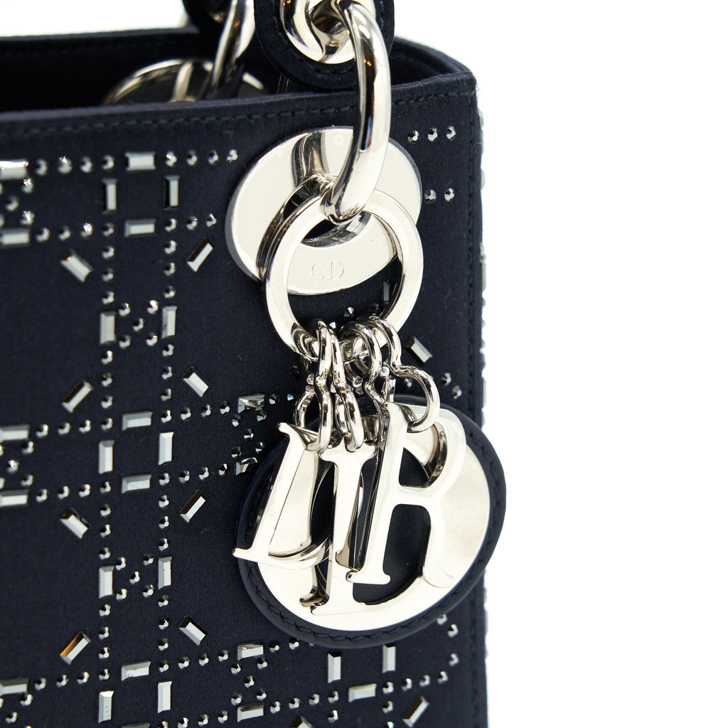 Mini Lady Dior Satin Crystal Cannage Bag Navy Silver-Tone Hardware