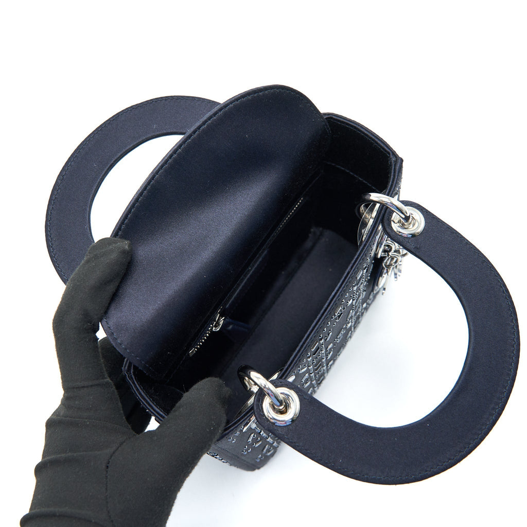 Mini Lady Dior Satin Crystal Cannage Bag Navy Silver-Tone Hardware