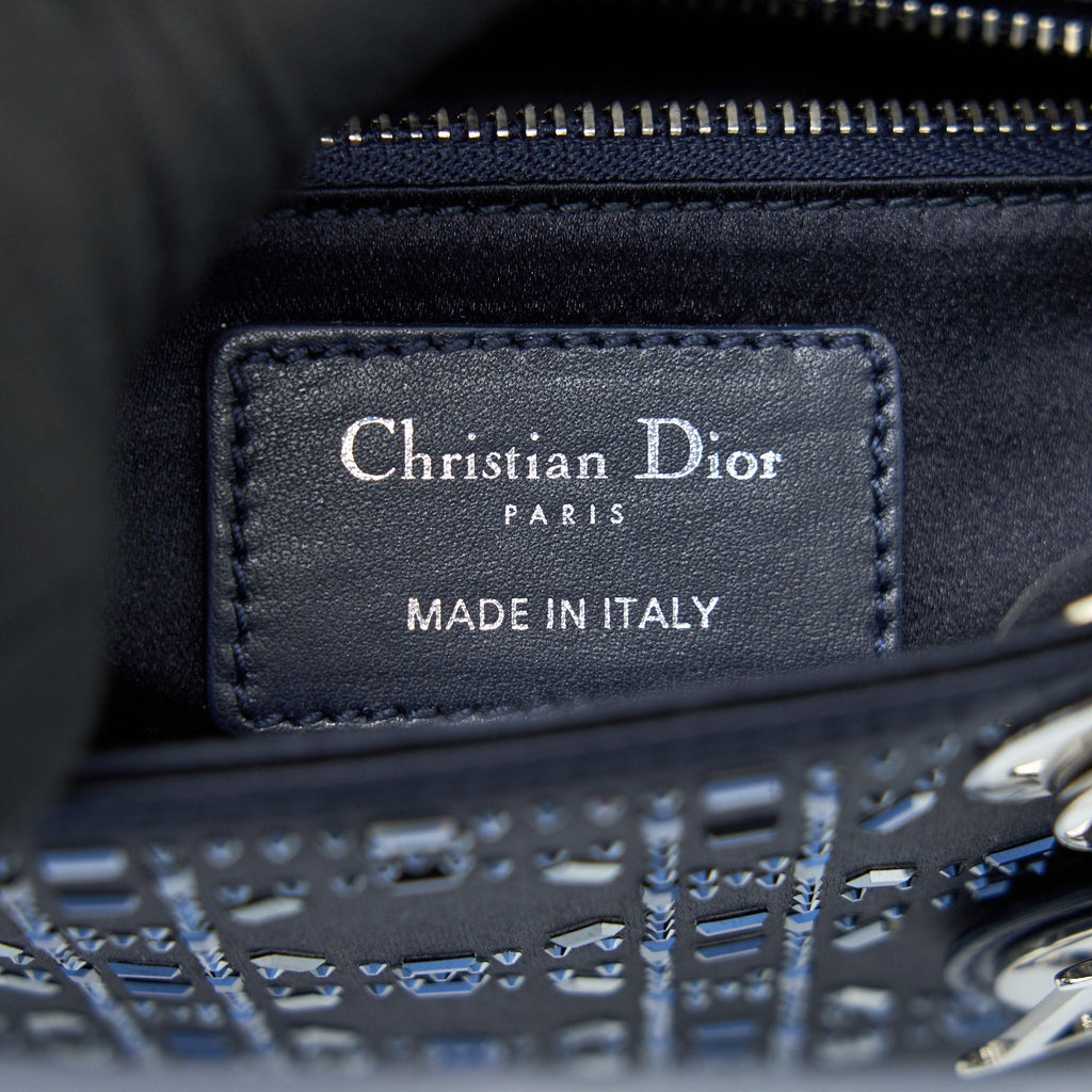 Mini Lady Dior Satin Crystal Cannage Bag Navy Silver-Tone Hardware