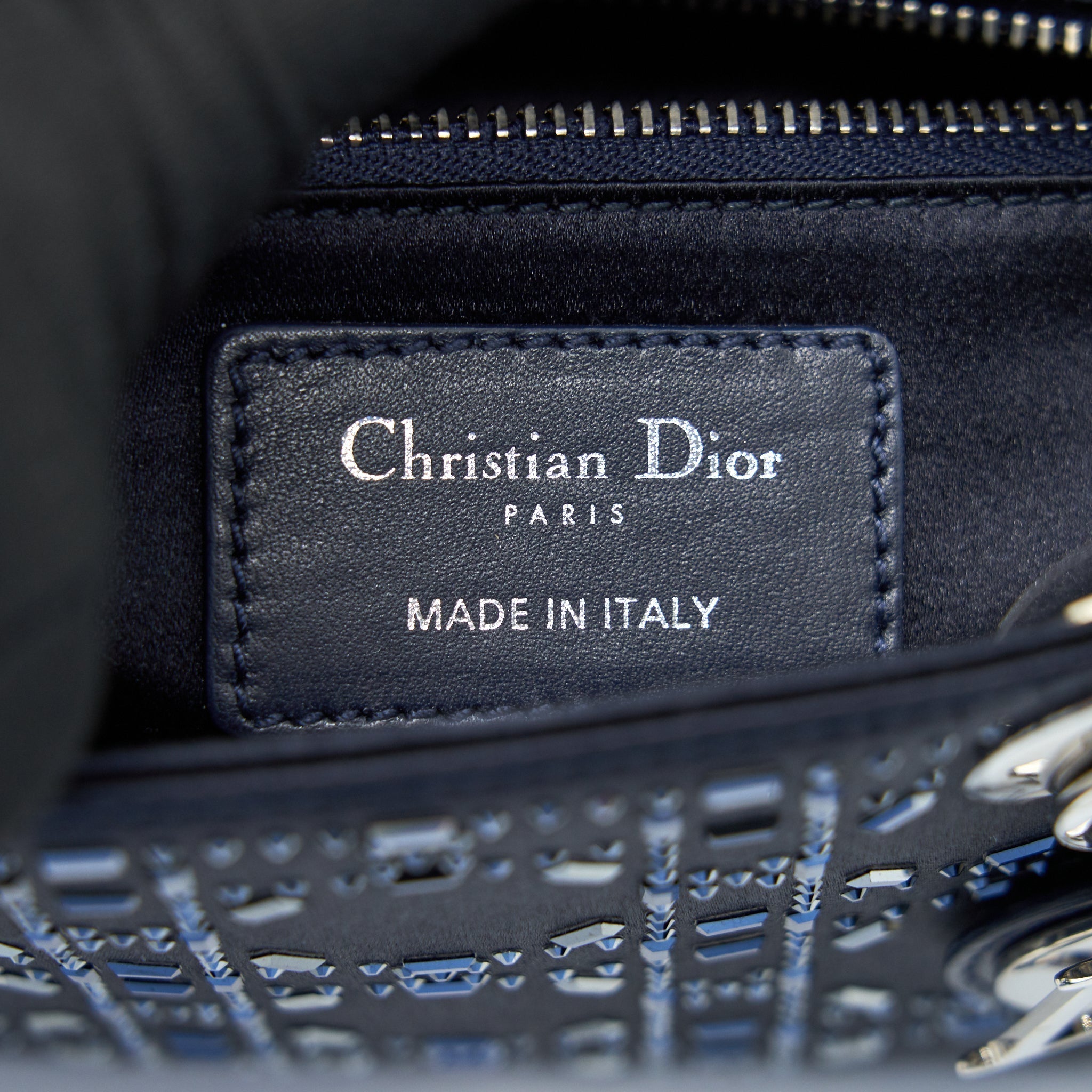 Mini Lady Dior Satin Crystal Cannage Bag Navy Silver-Tone Hardware