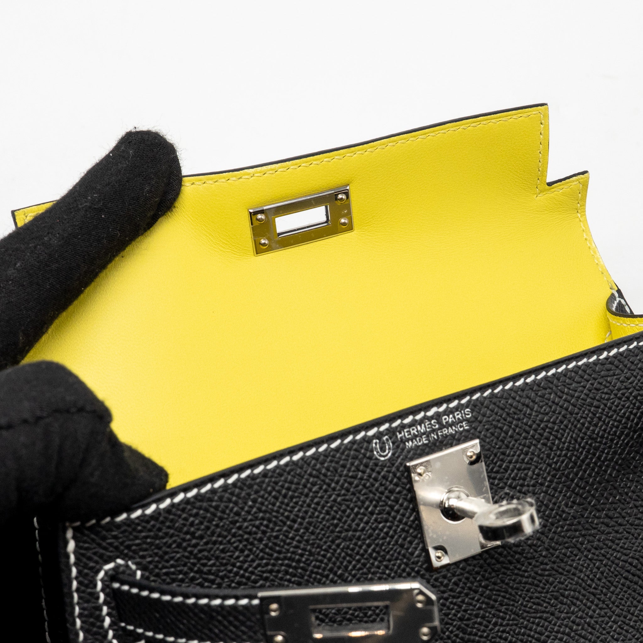 Lorenzia Mini Kelly II Epsom Leather Handbag Black Lime Silver-Tone Hardware