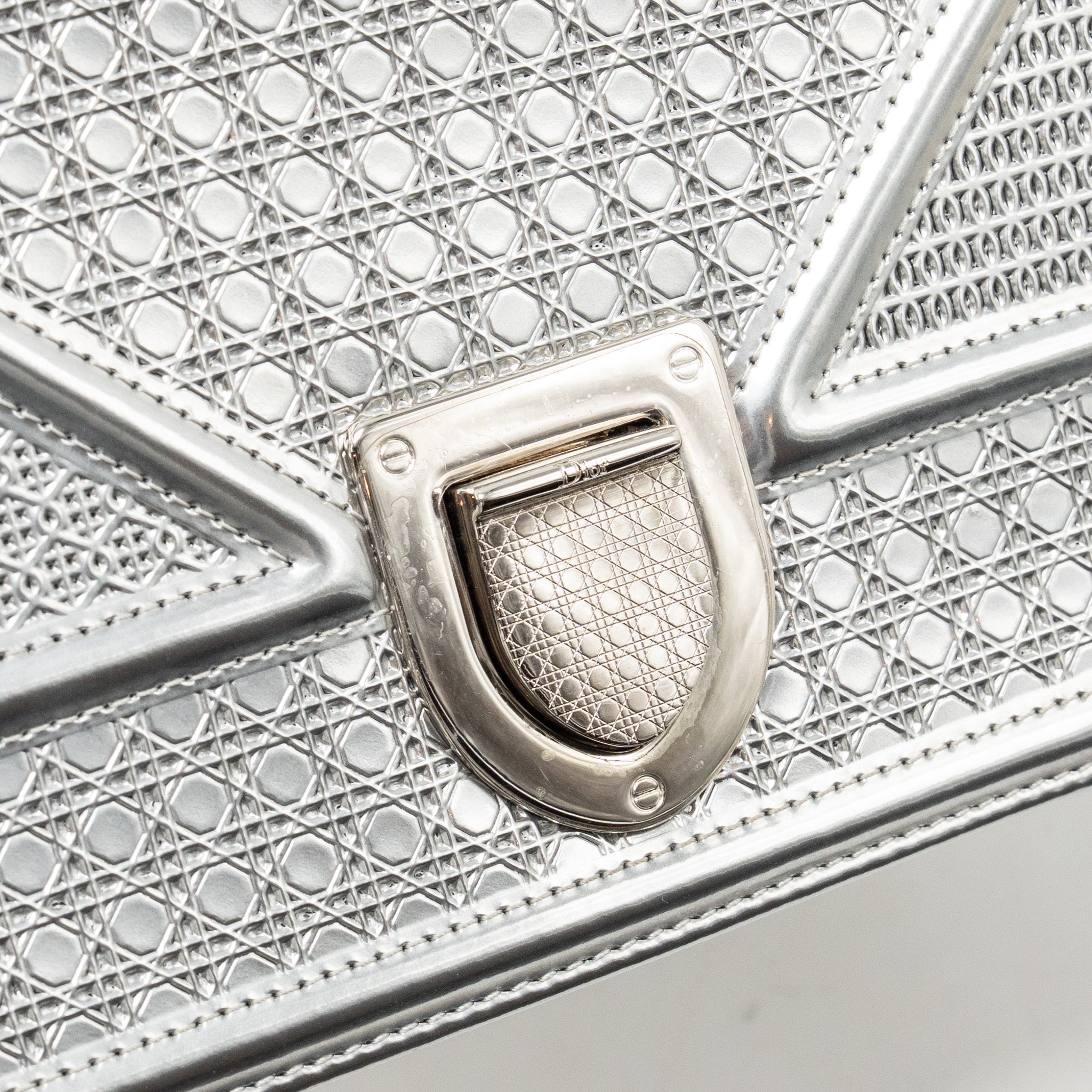 Lorenzia Diorama Flap Bag Patent Micro-Cannage Leather Metallic Silver Silver-Tone Hardware
