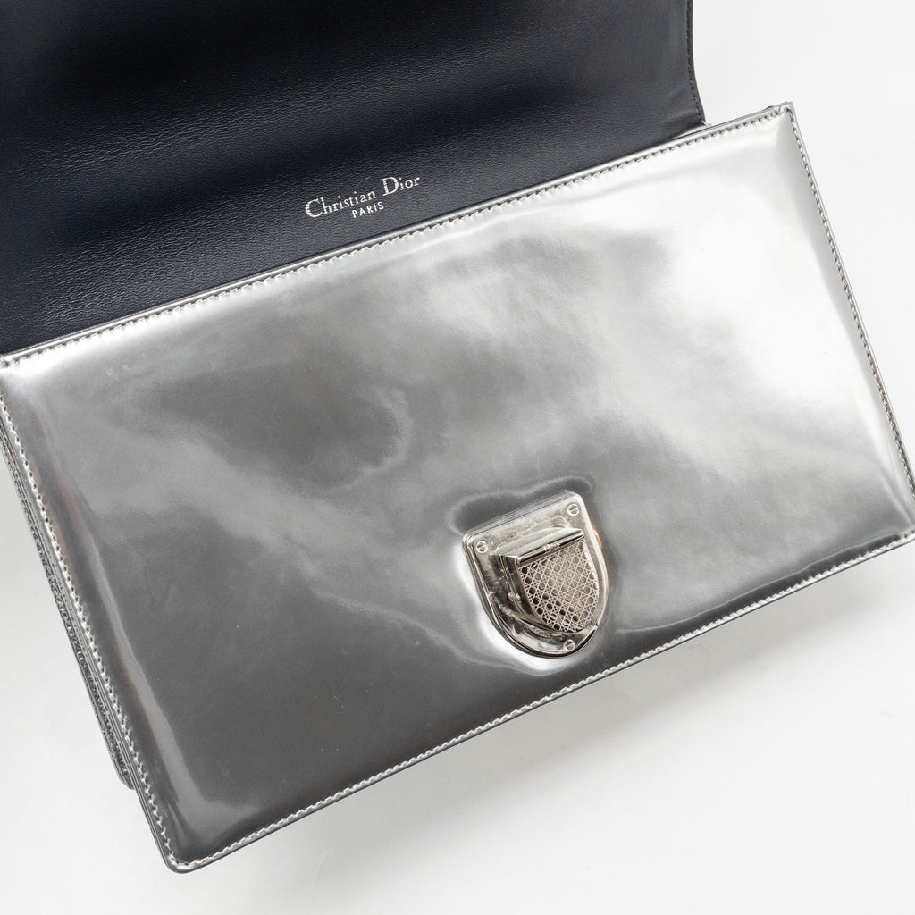 Lorenzia Diorama Flap Bag Patent Micro-Cannage Leather Metallic Silver Silver-Tone Hardware