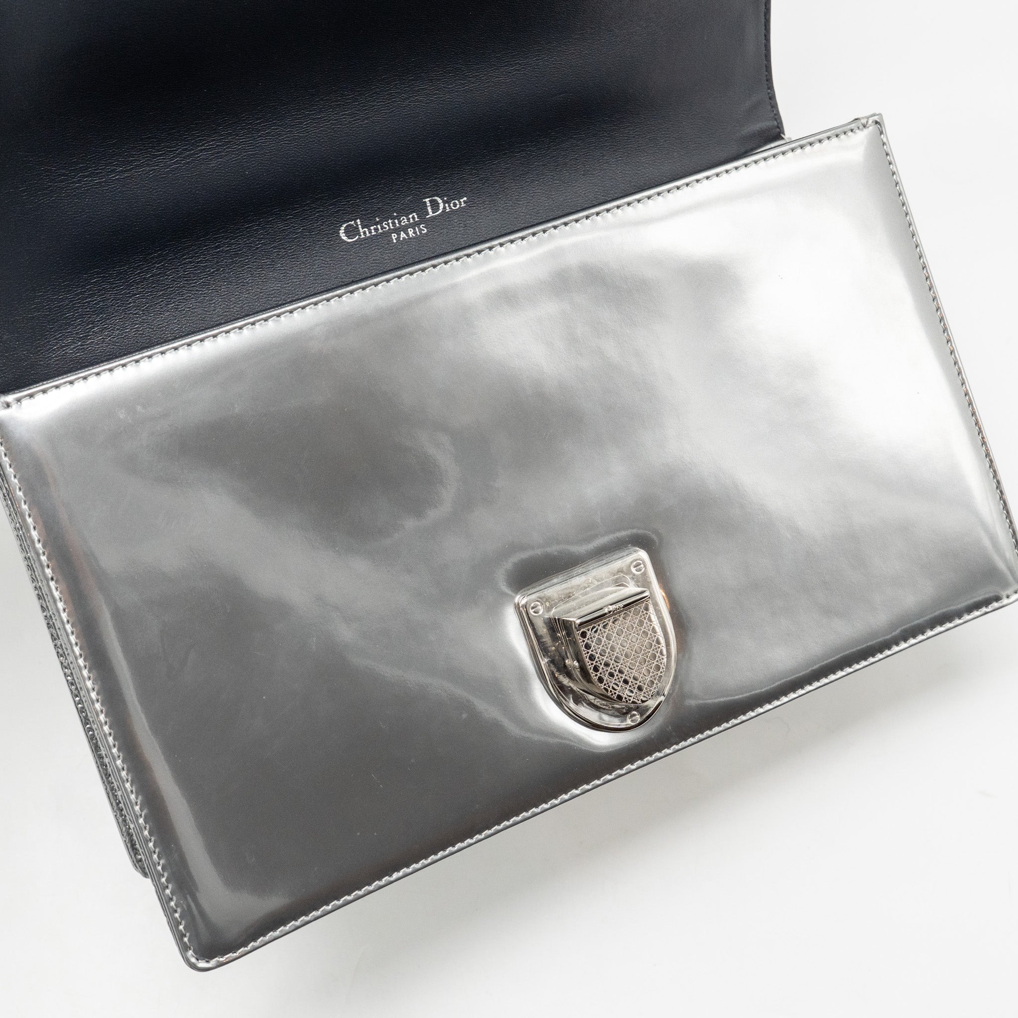 Lorenzia Diorama Flap Bag Patent Micro-Cannage Leather Metallic Silver Silver-Tone Hardware