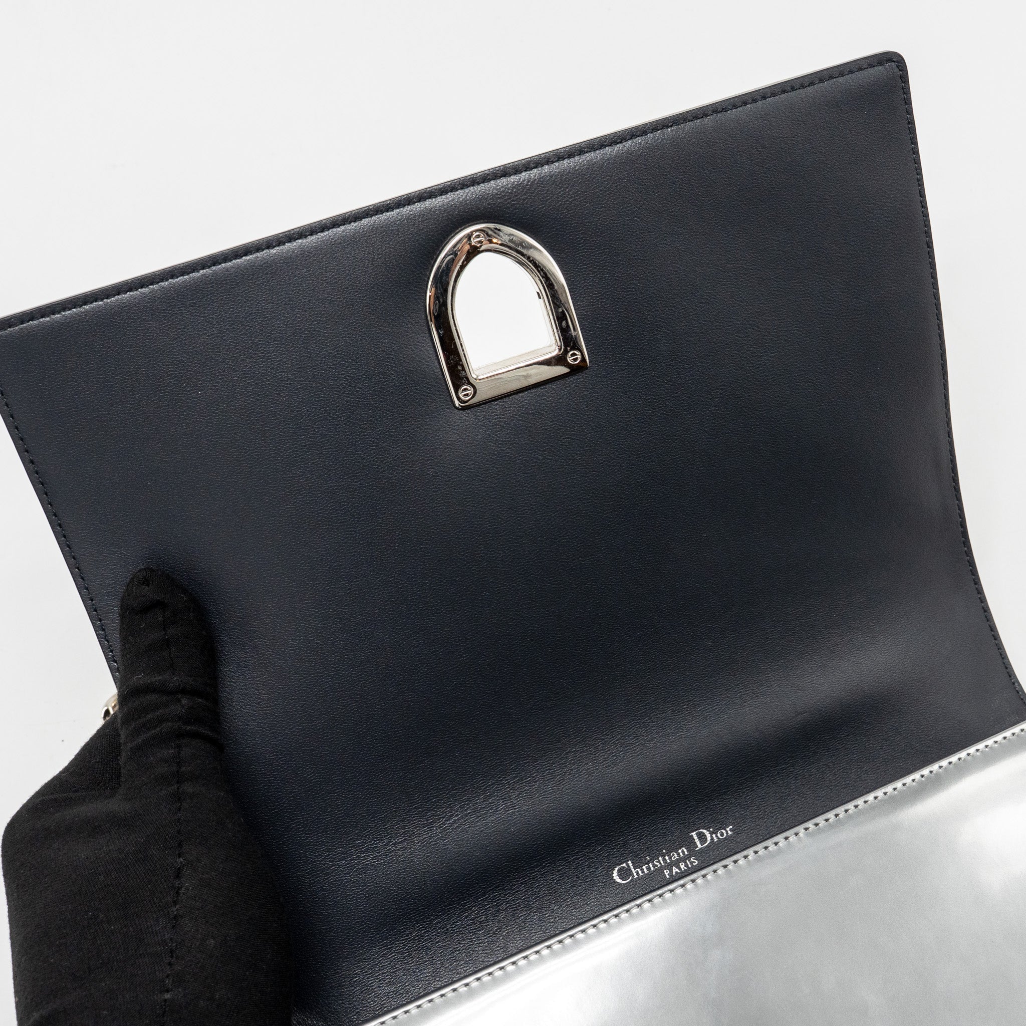 Lorenzia Diorama Flap Bag Patent Micro-Cannage Leather Metallic Silver Silver-Tone Hardware