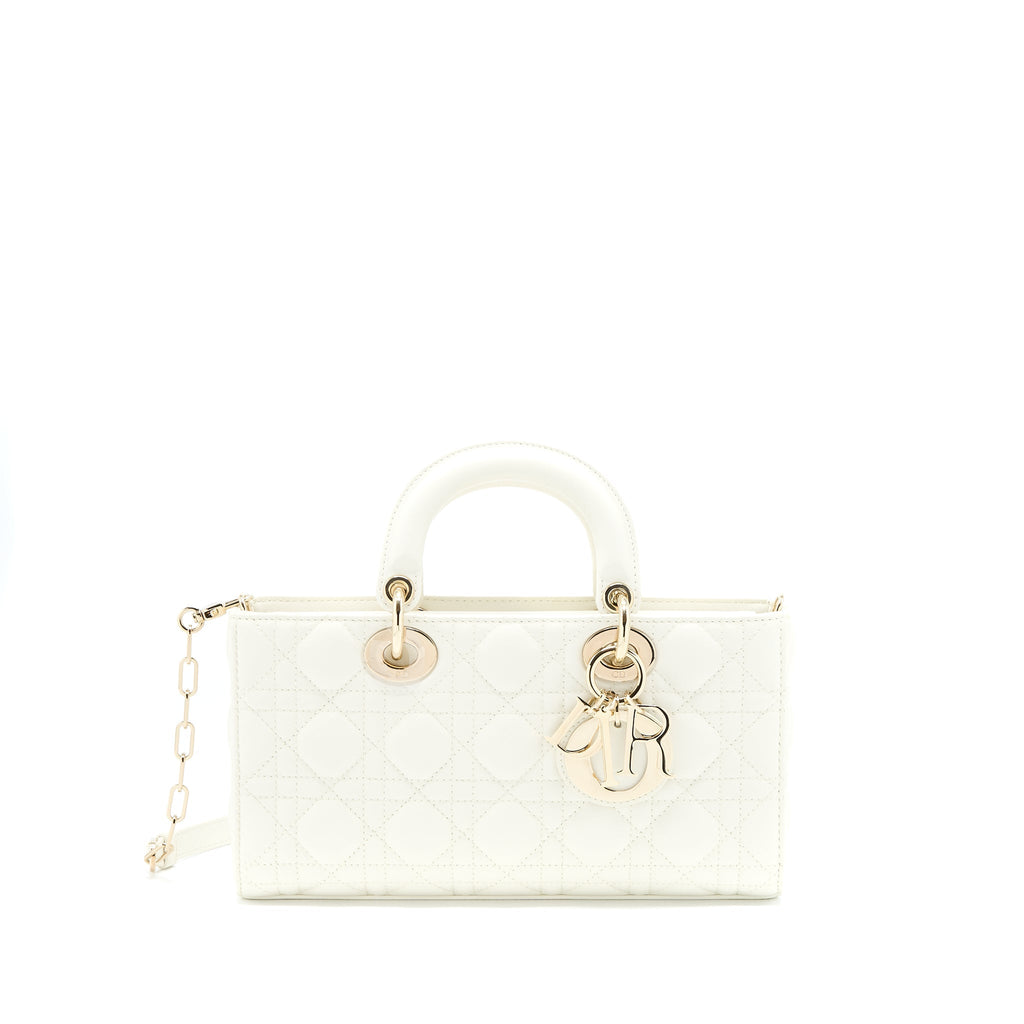 Lorenzia Small Lady D-Joy Bag Latte Cannage Lambskin White Light Gold-Tone Hardware