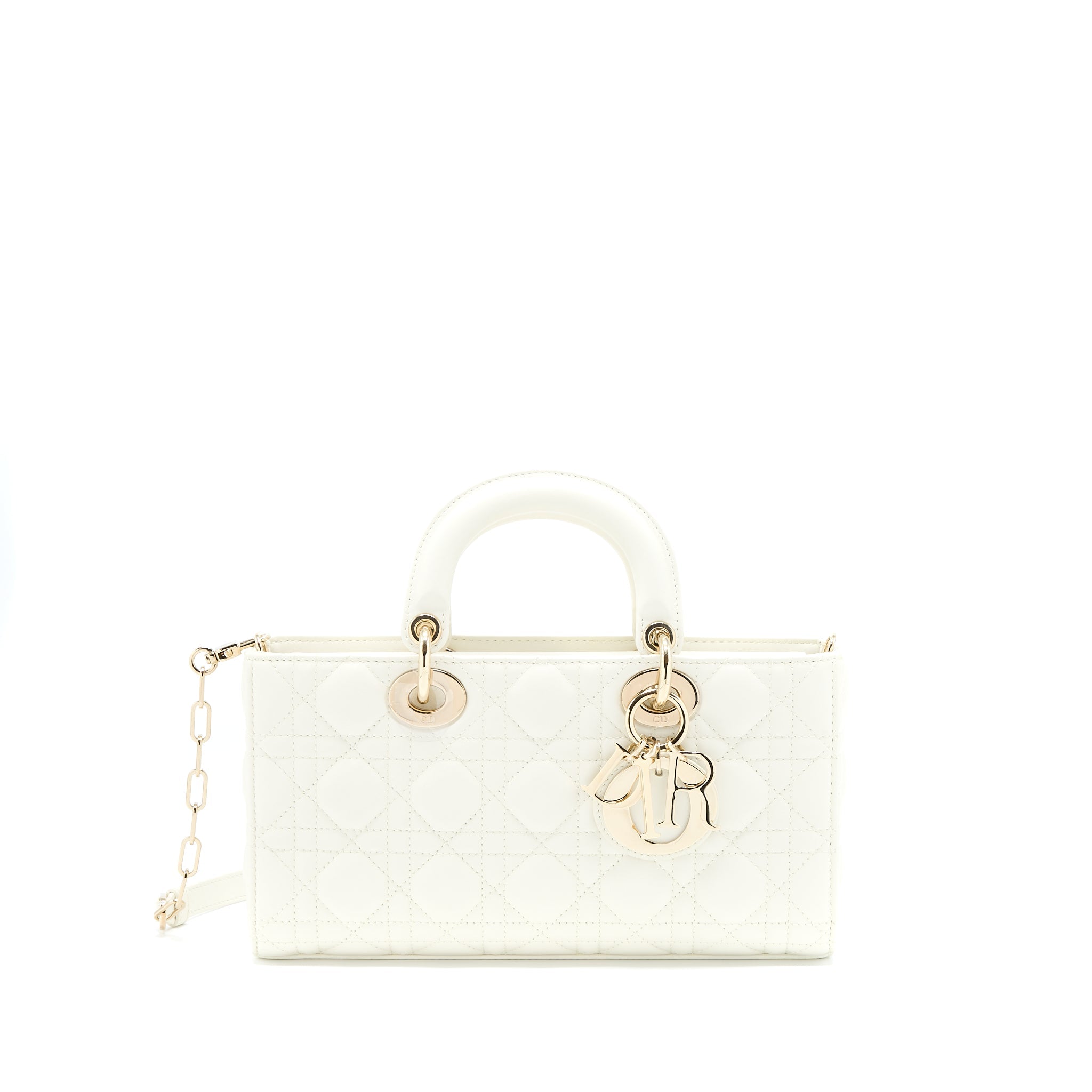 Lorenzia Small Lady D-Joy Bag Latte Cannage Lambskin White Light Gold-Tone Hardware