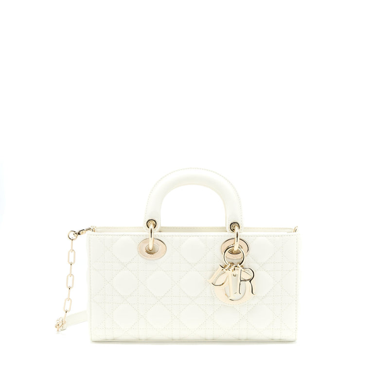 Lorenzia Small Lady D-Joy Bag Latte Cannage Lambskin White Light Gold-Tone Hardware