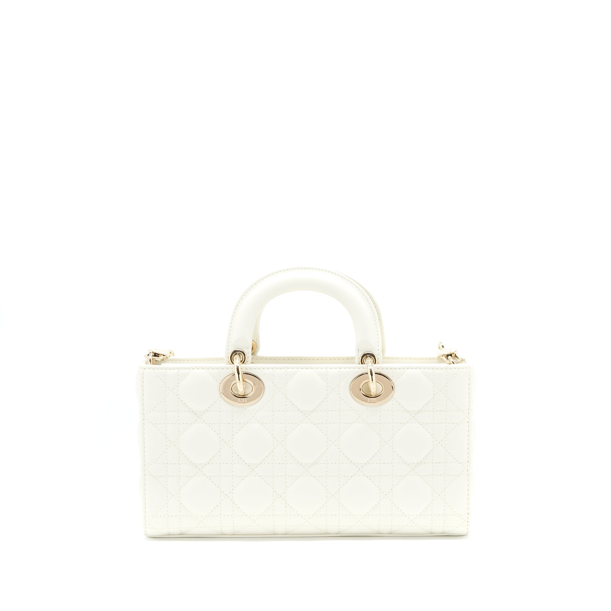 Lorenzia Small Lady D-Joy Bag Latte Cannage Lambskin White Light Gold-Tone Hardware