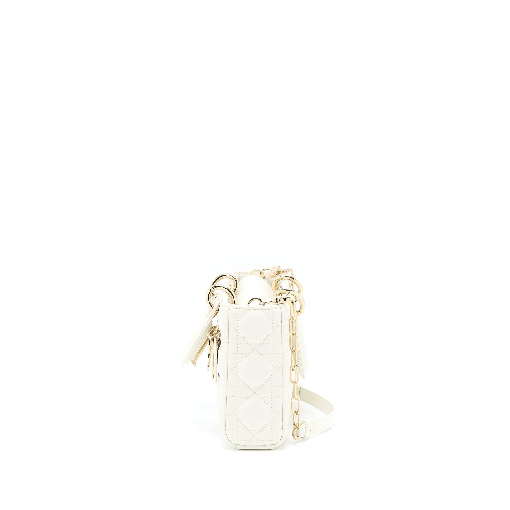 Lorenzia Small Lady D-Joy Bag Latte Cannage Lambskin White Light Gold-Tone Hardware