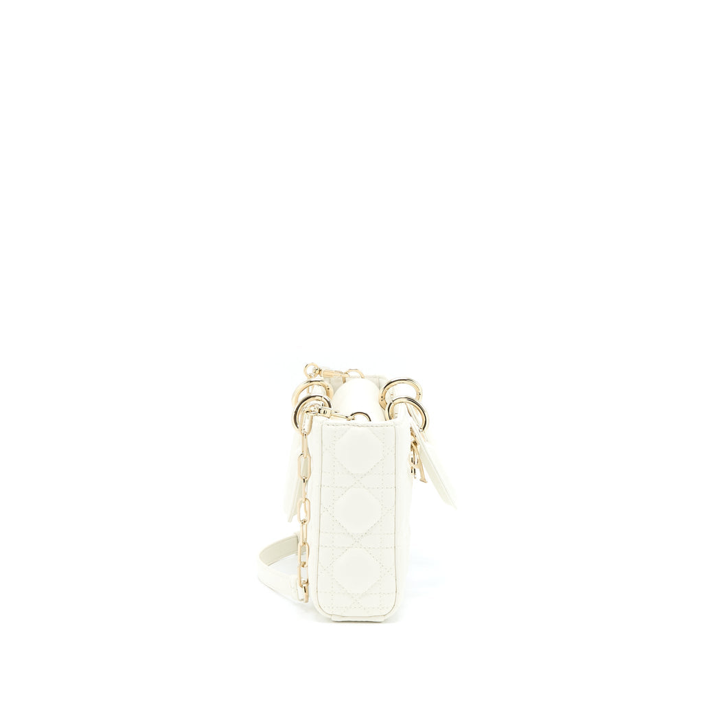 Lorenzia Small Lady D-Joy Bag Latte Cannage Lambskin White Light Gold-Tone Hardware