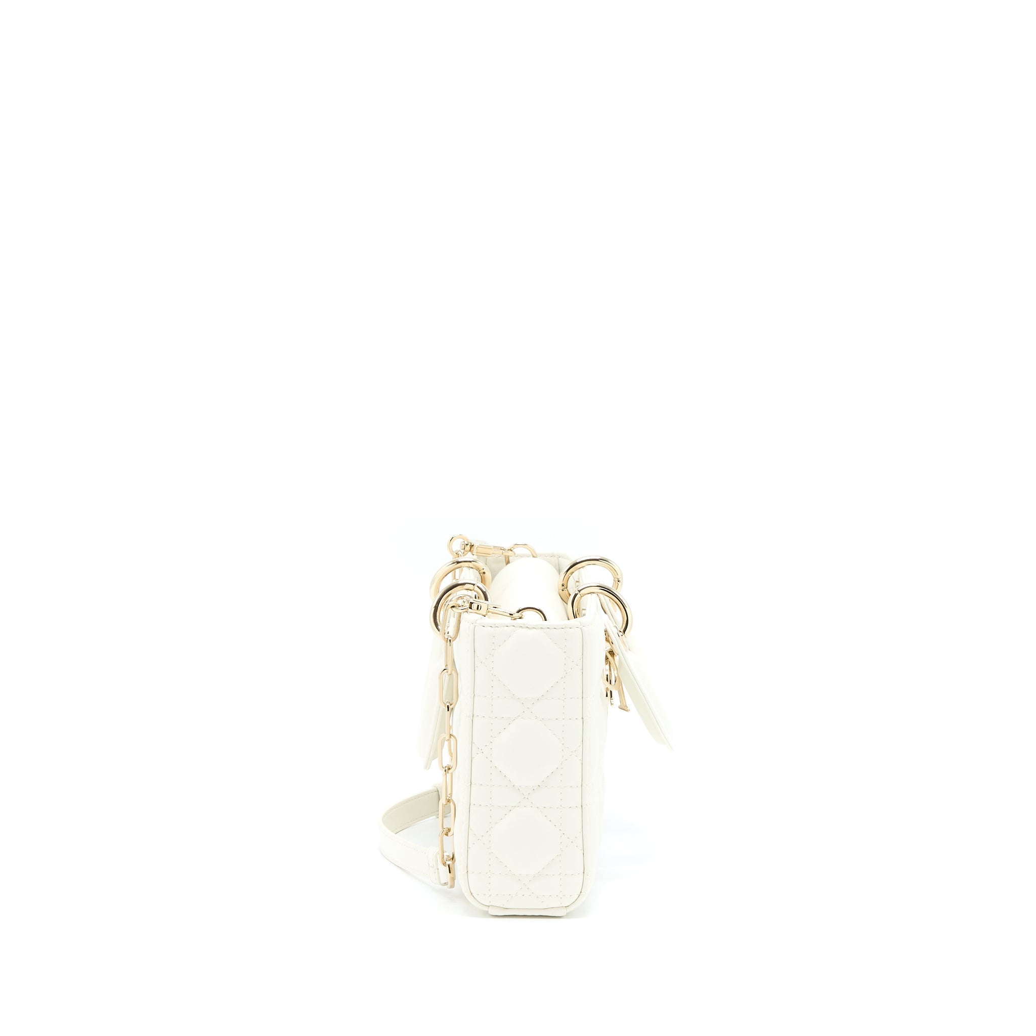 Lorenzia Small Lady D-Joy Bag Latte Cannage Lambskin White Light Gold-Tone Hardware