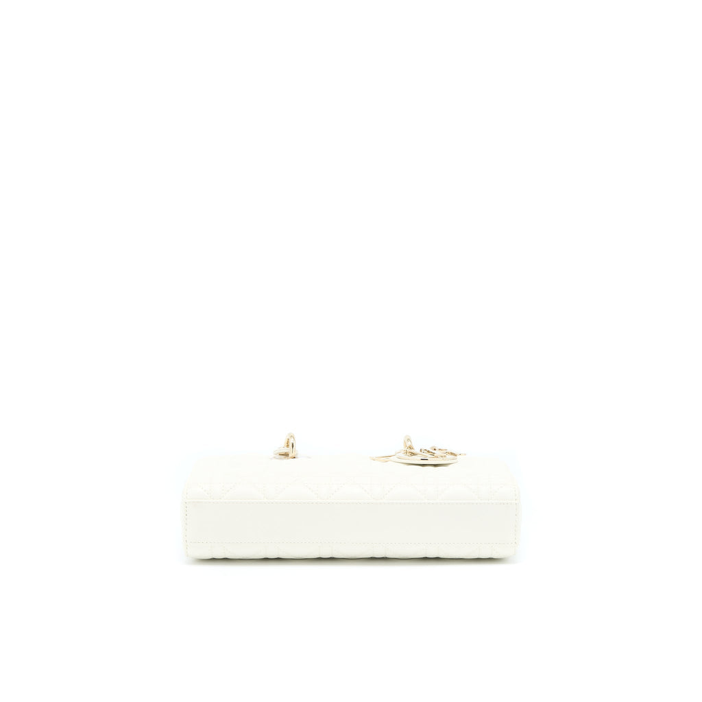 Lorenzia Small Lady D-Joy Bag Latte Cannage Lambskin White Light Gold-Tone Hardware