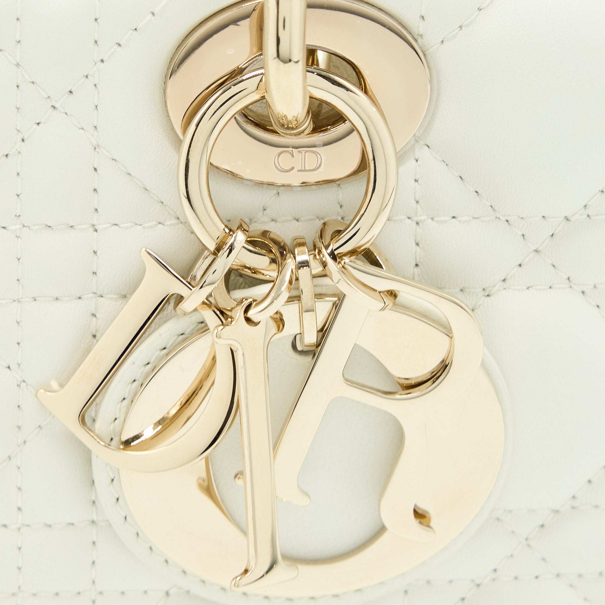 Lorenzia Small Lady D-Joy Bag Latte Cannage Lambskin White Light Gold-Tone Hardware