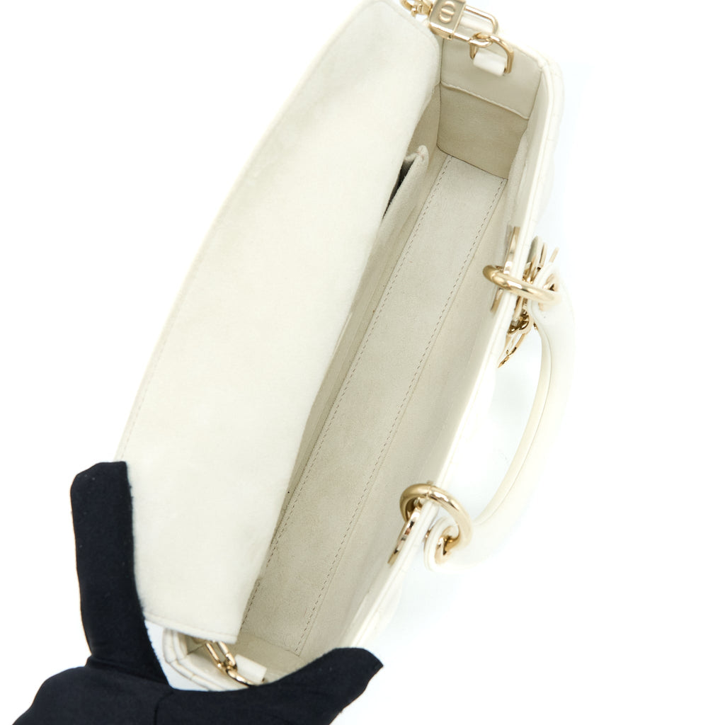 Lorenzia Small Lady D-Joy Bag Latte Cannage Lambskin White Light Gold-Tone Hardware
