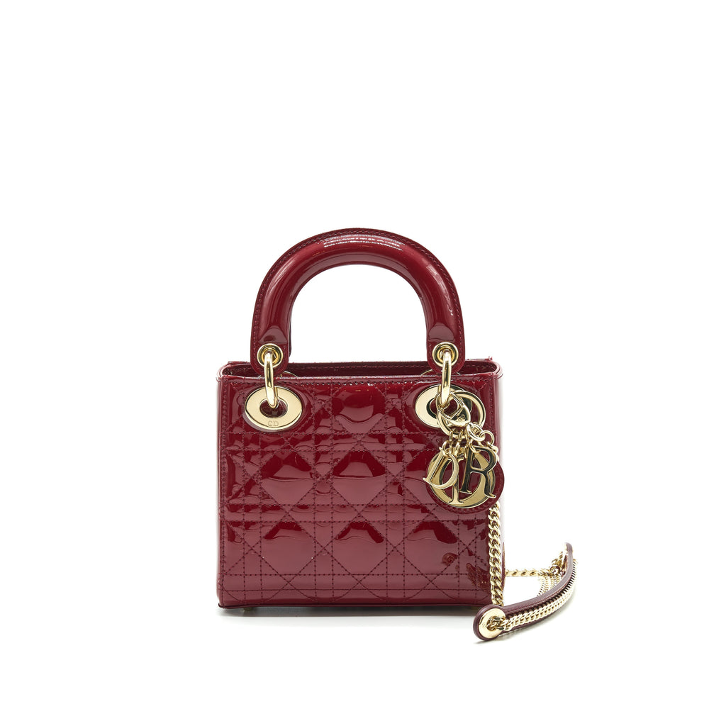 Lorenzia Mini Lady Dior Patent Leather Handbag Red Light Gold-Tone Hardware