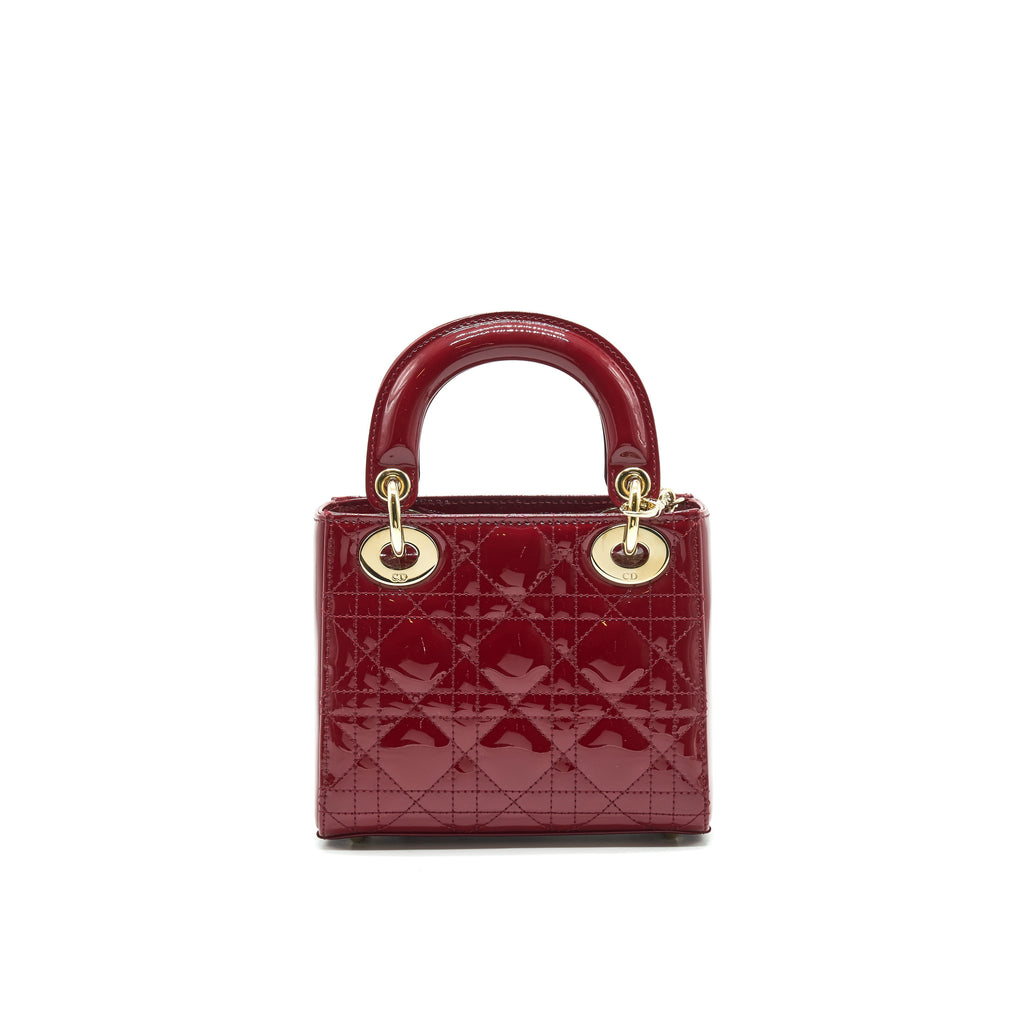 Lorenzia Mini Lady Dior Patent Leather Handbag Red Light Gold-Tone Hardware