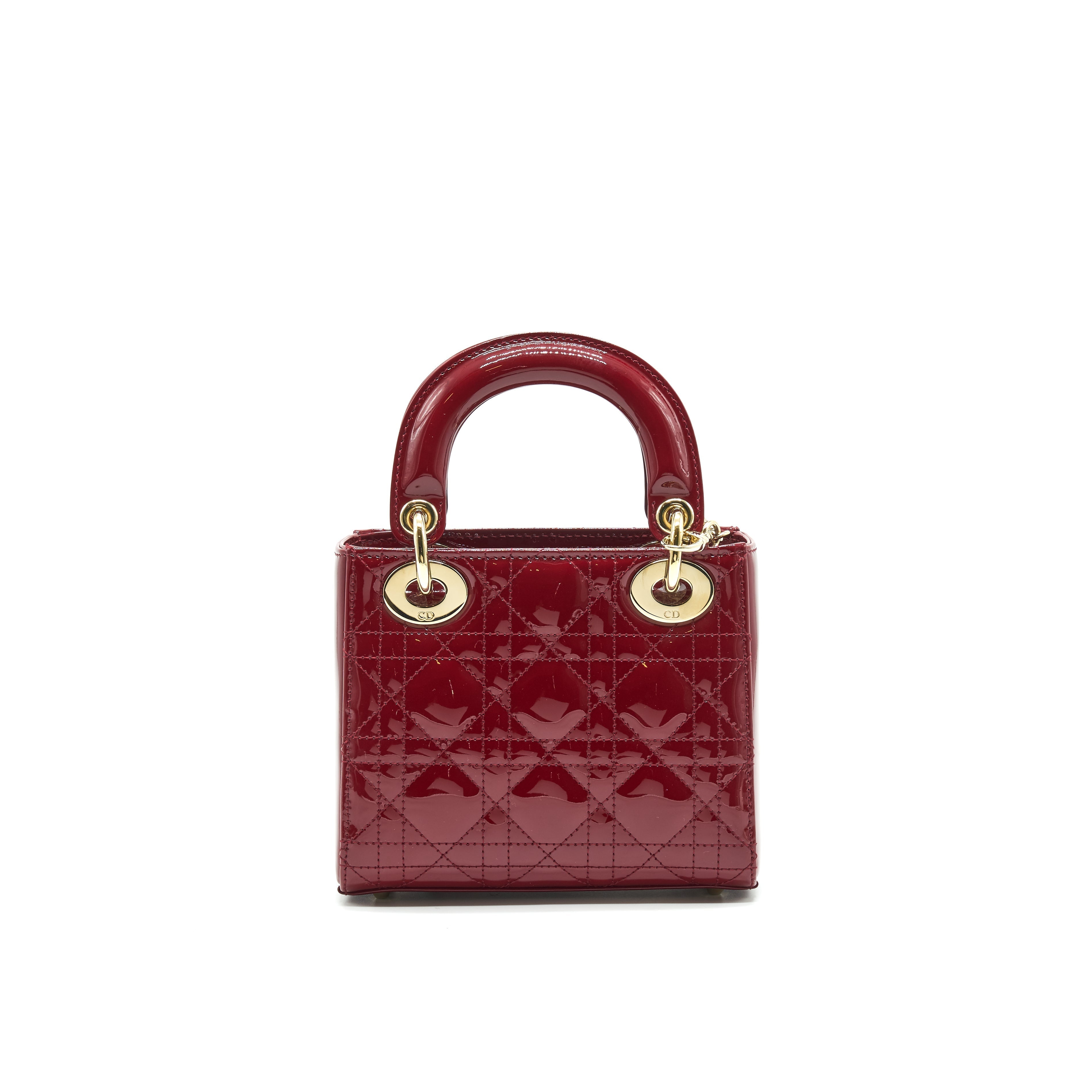 Lorenzia Mini Lady Dior Patent Leather Handbag Red Light Gold-Tone Hardware