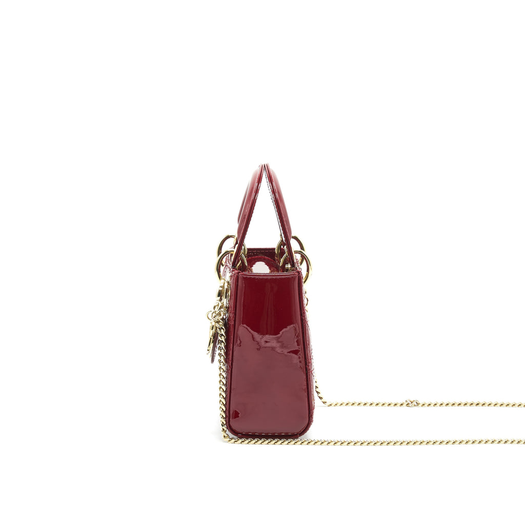 Lorenzia Mini Lady Dior Patent Leather Handbag Red Light Gold-Tone Hardware