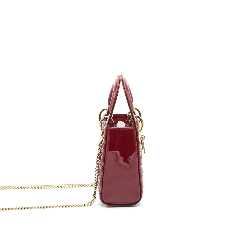 Lorenzia Mini Lady Dior Patent Leather Handbag Red Light Gold-Tone Hardware