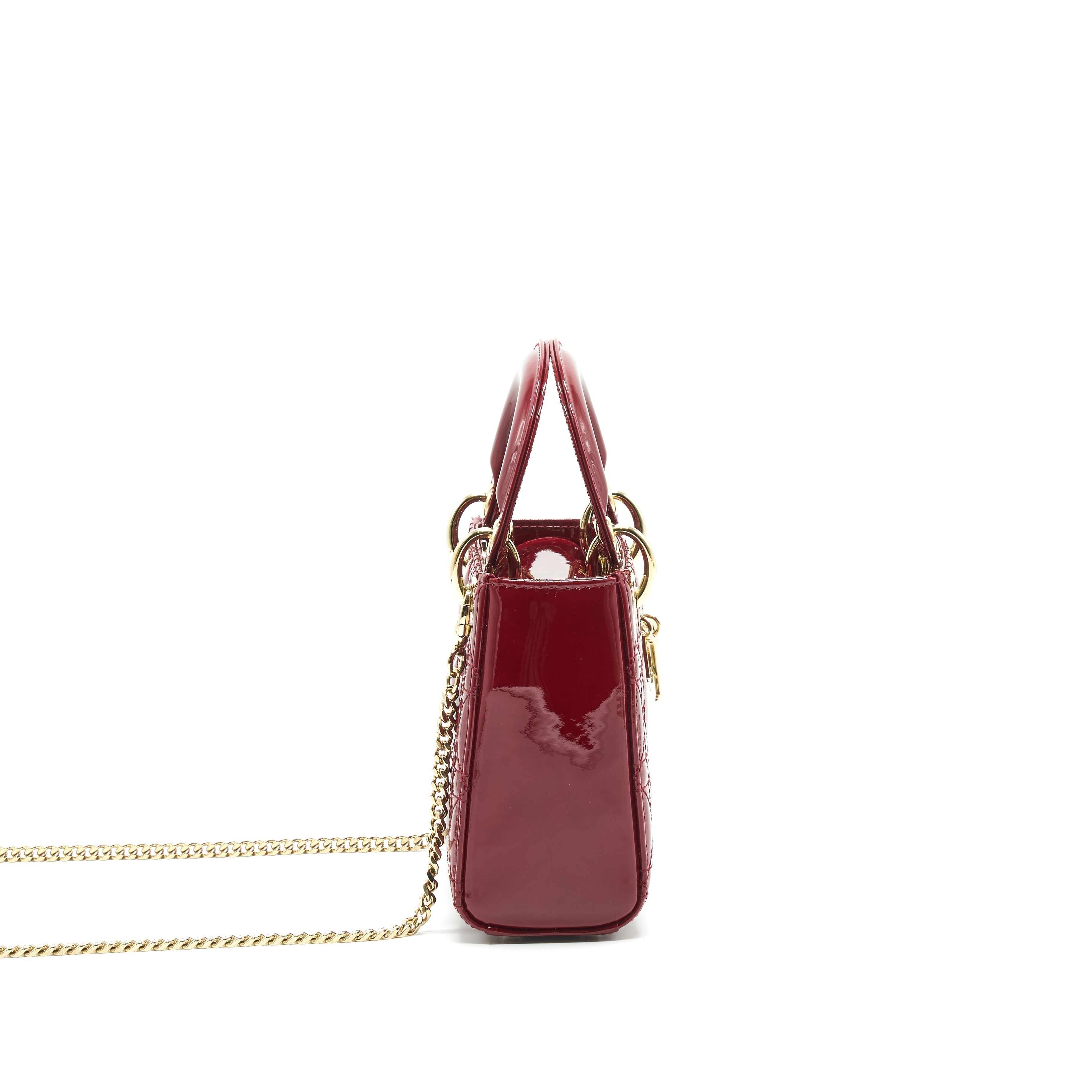 Lorenzia Mini Lady Dior Patent Leather Handbag Red Light Gold-Tone Hardware