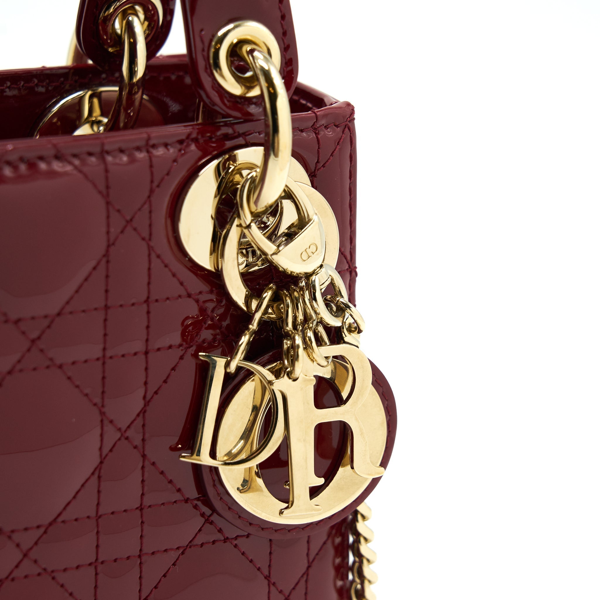 Lorenzia Mini Lady Dior Patent Leather Handbag Red Light Gold-Tone Hardware