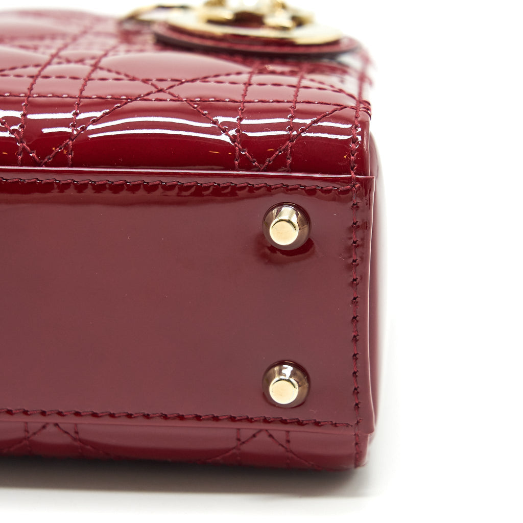 Lorenzia Mini Lady Dior Patent Leather Handbag Red Light Gold-Tone Hardware