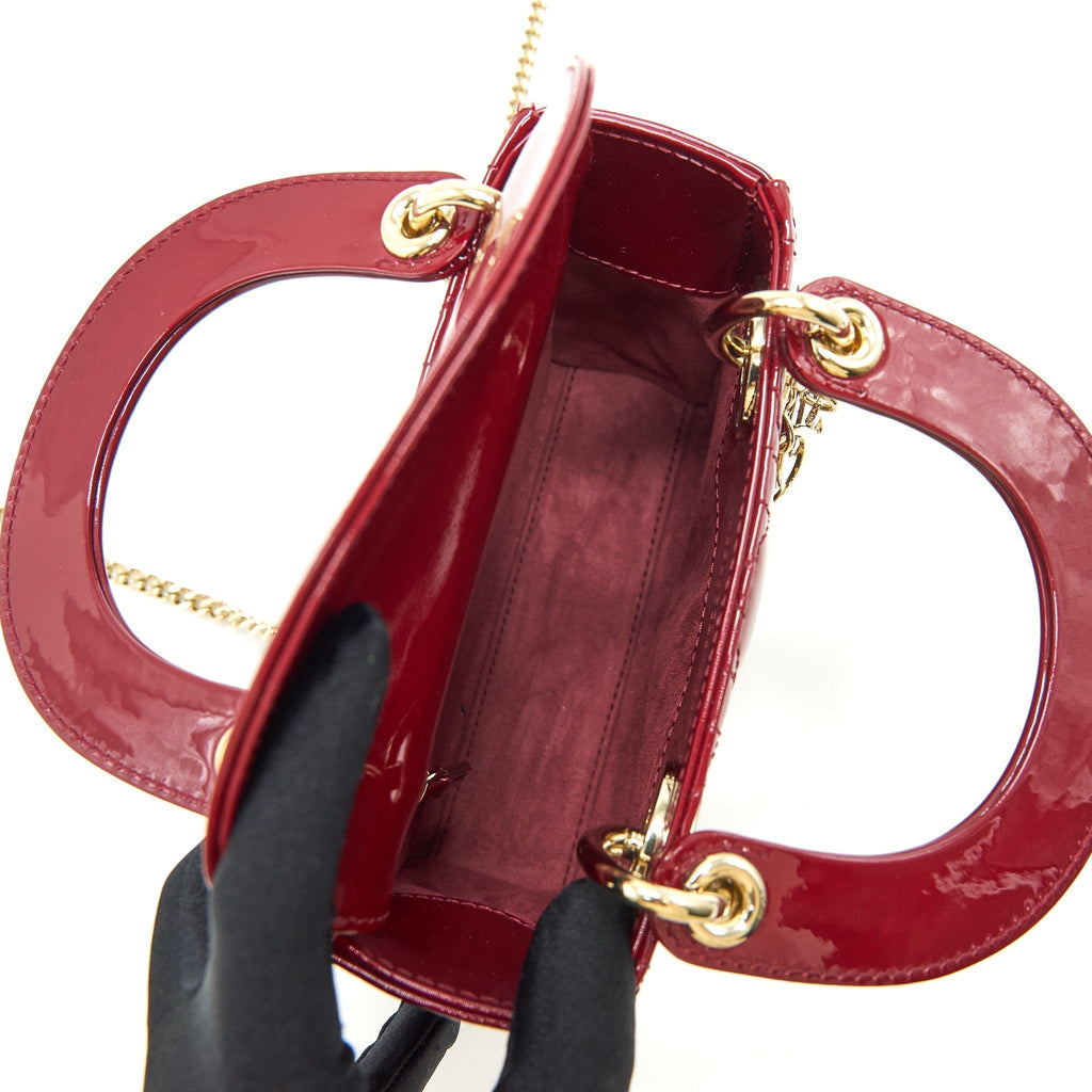 Lorenzia Mini Lady Dior Patent Leather Handbag Red Light Gold-Tone Hardware